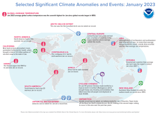 World map showing significant climate anomalies and events in January 2023 with text describing each event