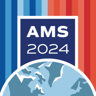 The text says "AMS 2024” with different shades of red and blue running vertically in the background towards a half-dome visual of the globe.