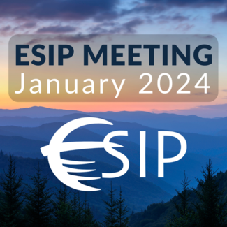 Photo of the blue ridge mountains with the sun setting and “ESIP Meeting, January 2024” as a banner in the forefront with the ESIP logo beneath it.