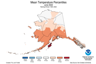 June 2022 Alaska Average Temperature Percentile Map showing above-average temperatures for most of the state
