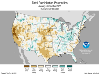 Map of the U.S. showing precipitation percentiles for January-September 2022 with wetter areas in gradients of green and drier areas in gradients of brown.