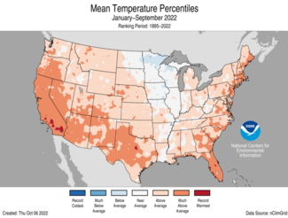 Map of the U.S. showing average temperature percentiles for January-September 2022 with warmer areas in gradients of red and cooler areas in gradients of blue.
