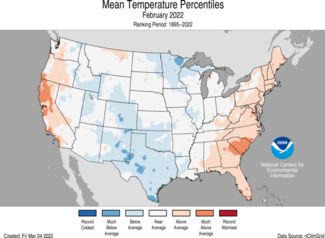 Map of February 2022 U.S. average temperature percentiles