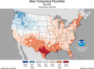 Map of May 2022 U.S. average temperature percentiles