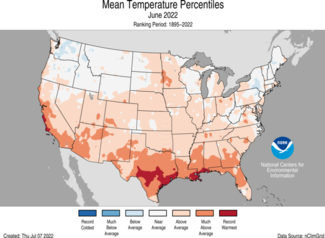 June 2022 U.S. Average Temperature Percentiles Map