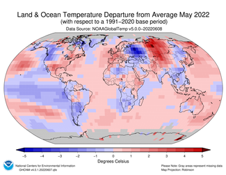 Map of the world showing land/ocean temperature departures from average for May 2022 with warmer areas in gradients of red and cooler areas in gradients of blue.