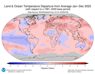 Map of world showing land/ocean temperature percentiles for Jan-Dec 2022 with warmer areas in gradients of red and cooler areas in gradients of blue.