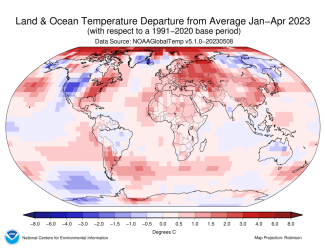 Map of the world showing land/ocean temperature departure from average for January-April 2023 with warmer areas in gradients of red and cooler areas in gradients of blue.