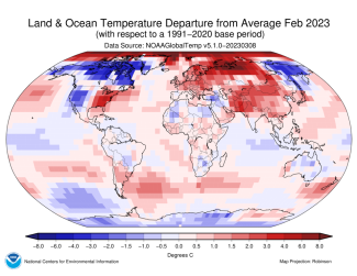 Global map showing land and ocean temperature departure from average for February 2023 with warmer areas colored in gradients of red and cooler areas in gradients of blue.