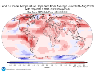 Map of the world showing land/ocean temperature departure from average for June–August 2023 with warmer areas in gradients of red and cooler areas in gradients of blue.