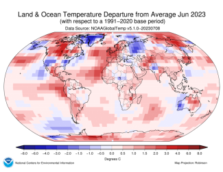 Map of the world showing land/ocean temperature departure from average for June 2023 with warmer areas in gradients of red and cooler areas in gradients of blue.