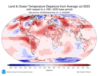 Map of the world showing land/ocean temperature departure from average for July 2023 with warmer areas in gradients of red and cooler areas in gradients of blue.