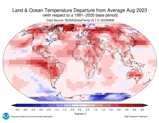 Map of the world showing land/ocean temperature departures from average for August 2023 with warmer areas in gradients of red and cooler areas in gradients of blue.