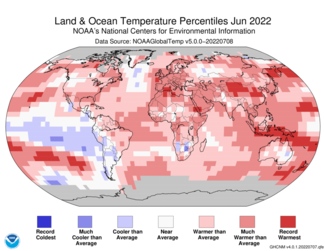 Map of the world showing land/ocean temperature percentiles for June 2022 with warmer areas in gradients of red and cooler areas in gradients of blue.