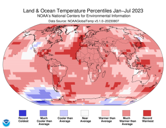 Map of the world showing land/ocean temperature percentiles for January–July 2023 with warmer areas in gradients of red and cooler areas in gradients of blue.