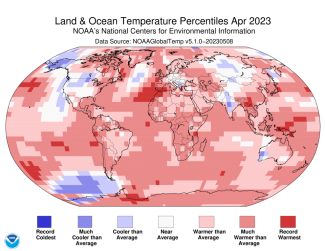 Map of the world showing land/ocean temperature percentiles for April 2023 with warmer areas in gradients of red and cooler areas in gradients of blue.