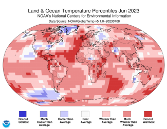 Map of the world showing land/ocean temperature percentiles for June 2023 with warmer areas in gradients of red and cooler areas in gradients of blue.