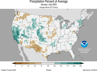 Alt Text: Map of the U.S. showing percent of average precipitation for January–July 2023 with wetter areas in gradients of green and drier areas in gradients of brown.