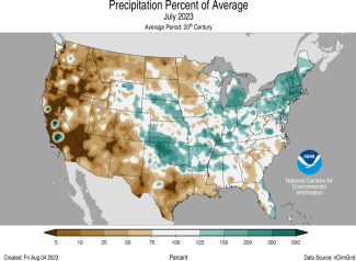 Alt Text: Map of the U.S. showing percent of average precipitation for July 2023 with wetter areas in gradients of green and drier areas in gradients of brown.