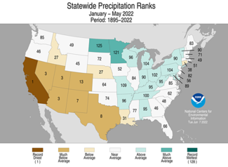 Map of January-May 2022 U.S. statewide precipitation rank