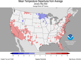 Map of January-May 2022 U.S. average temperature departure from normal