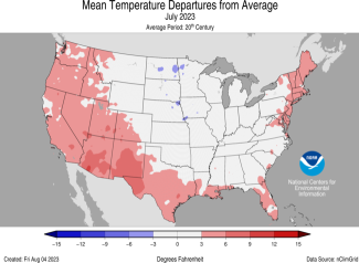 Alt text: Map of the U.S. showing mean departures from average for July 2023 with warmer areas in gradients of red and cooler areas in gradients of blue.