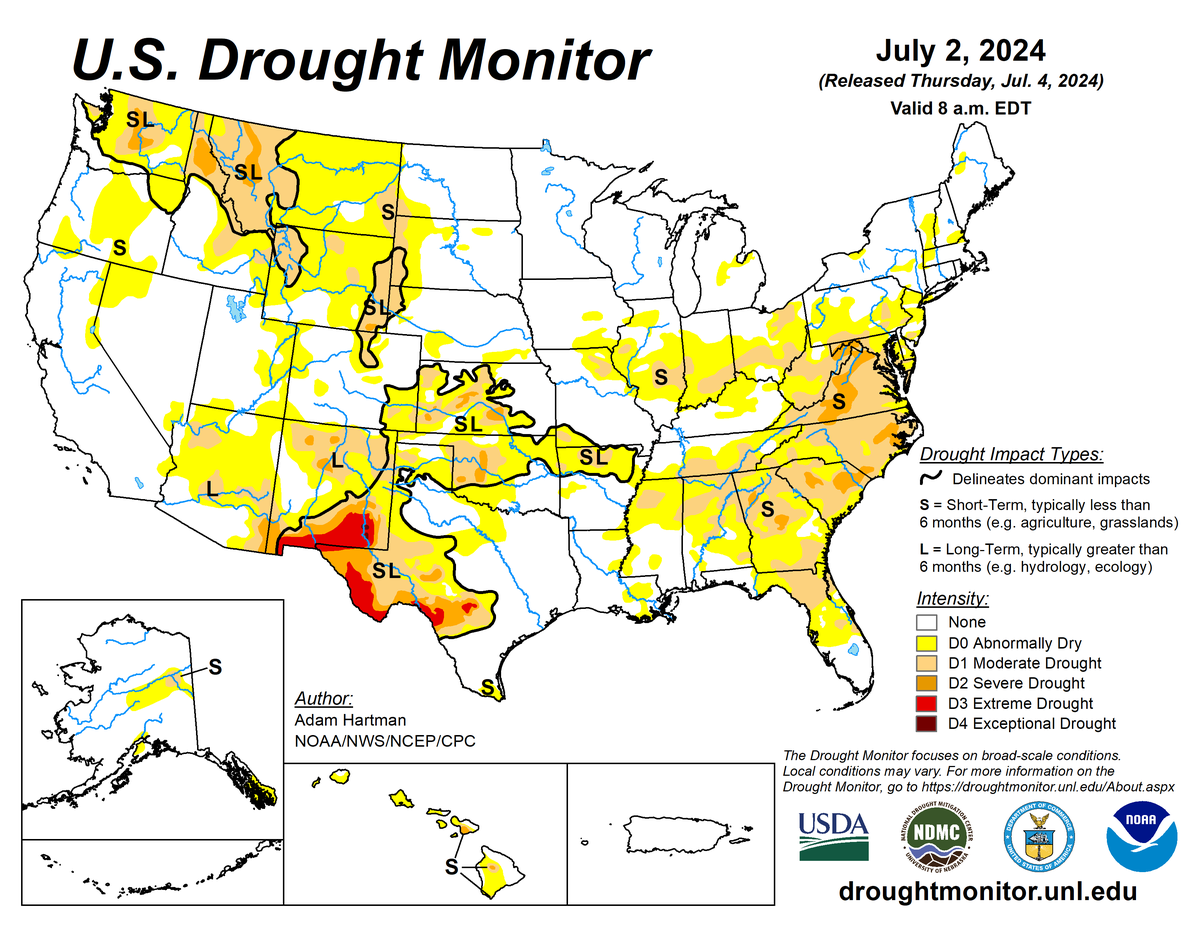U.S. Drought Monitor map for July 2, 2024
