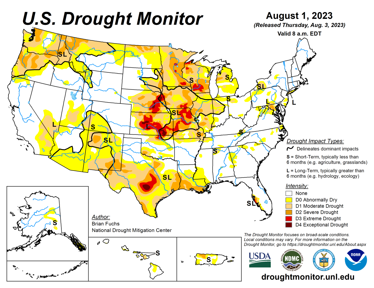 Alt text: U.S. Drought Monitor map for August 1, 2023.