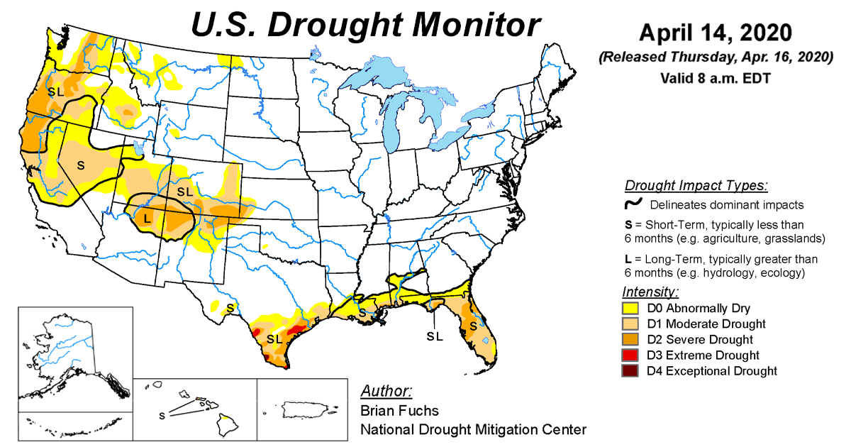 Map of U.S. drought conditions for April 14, 2020
