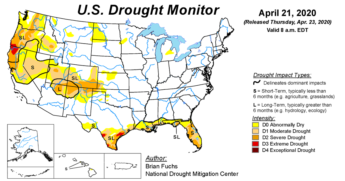 Map of U.S. drought conditions for April 21, 2020