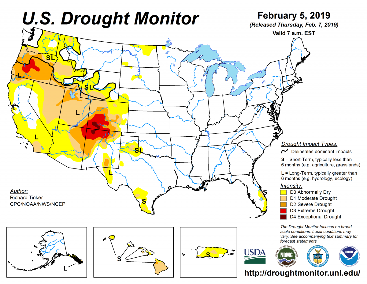 Map of U.S. drought conditions for February 7, 2019