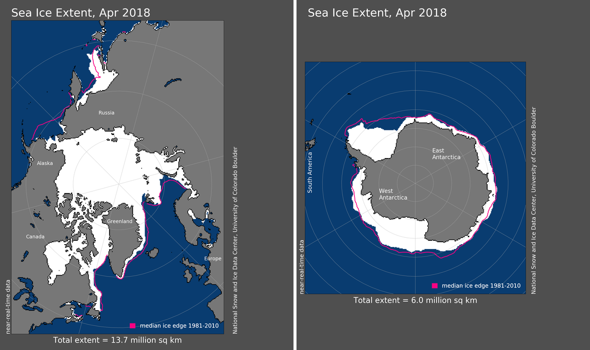 Maps of Arctic and Antarctic sea ice extent in April 2018
