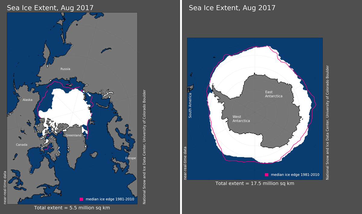 Maps of Arctic and Antarctic sea ice extent in August 2017