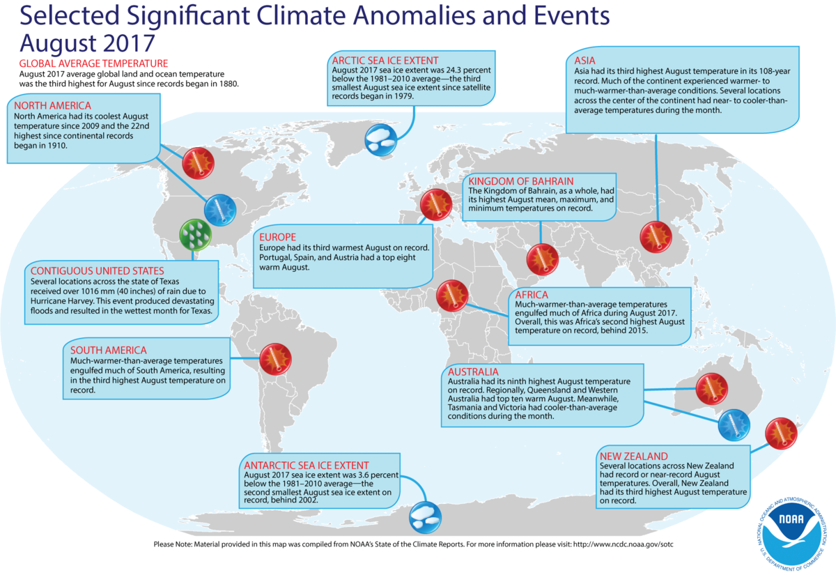Map of global selected significant climate anomalies and events for August 2017