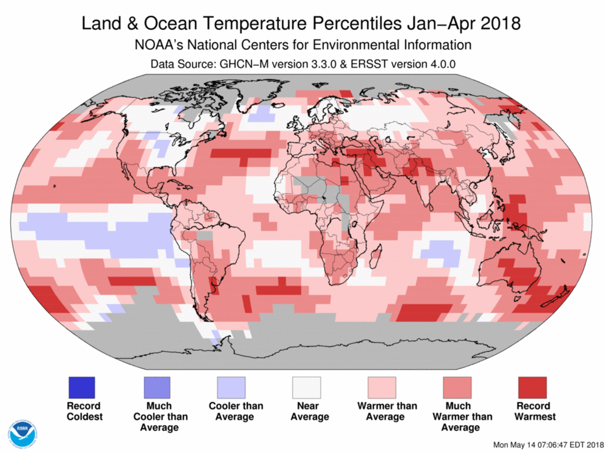 Map of global temperature percentiles for January to April 2018