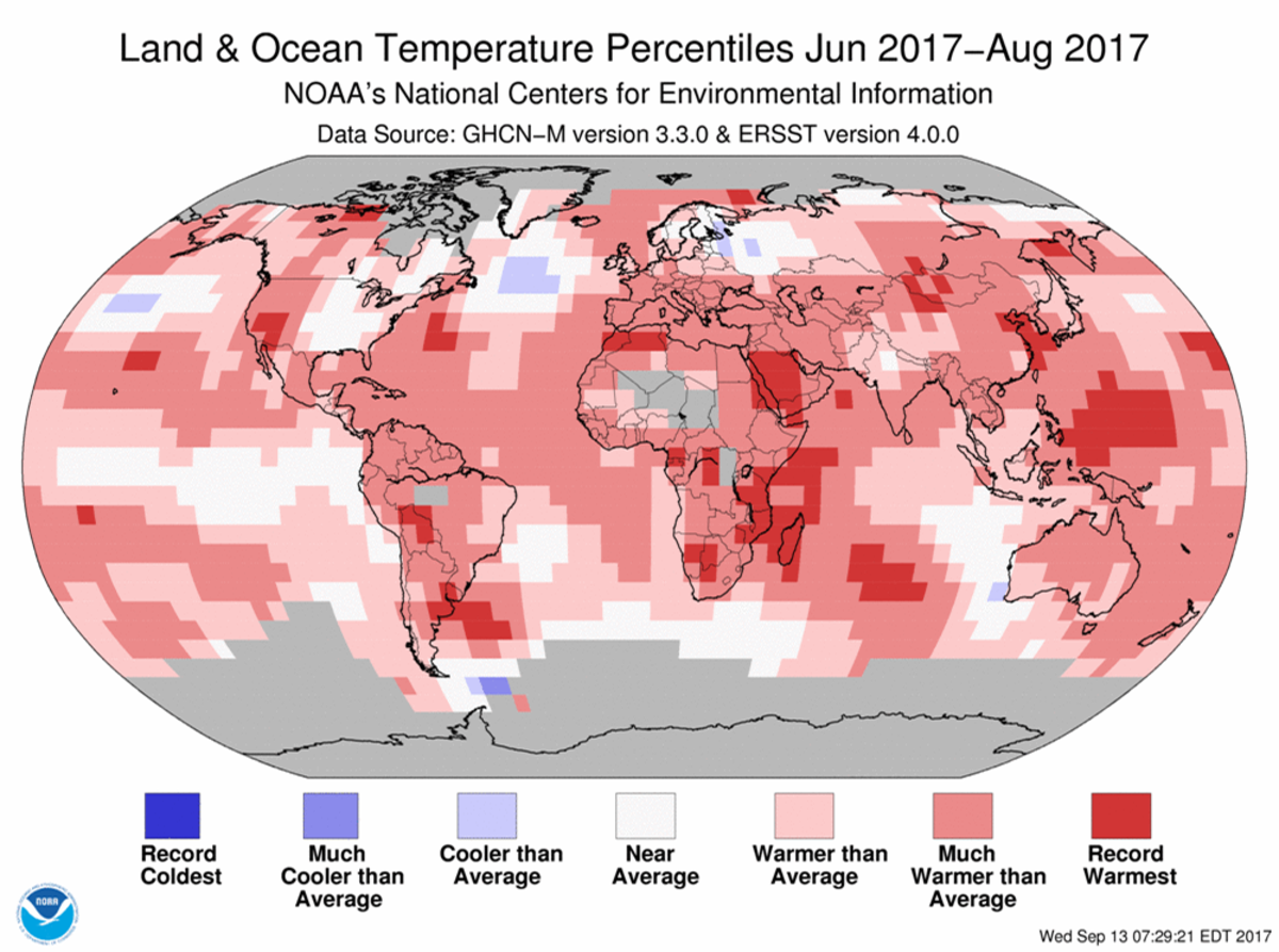 Map of global temperature percentiles for June to August 2017