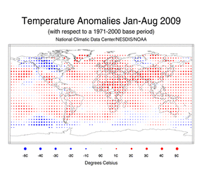 January-August 2009 Blended Land and Ocean Surface Temperature Anomalies in degree Celsius