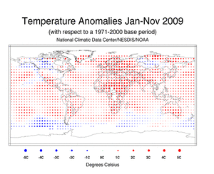 January-November 2009 Blended Land and Ocean Surface Temperature Anomalies in degree Celsius