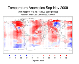 September-November 2009 Blended Land and Sea Surface Temperature Anomalies in degrees Celsius
