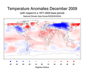 December Blended Land and Sea Surface Temperature Anomalies in degrees Celsius