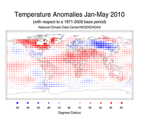 January-May 2010 Blended Land and Ocean Surface Temperature Anomalies in degree Celsius