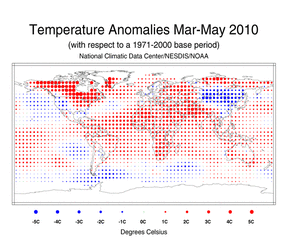 March 2010 - May 2010 Blended Land and Sea Surface Temperature Anomalies in degrees Celsius