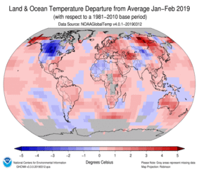 January–February Blended Land and Sea Surface Temperature Anomalies in degrees Celsius