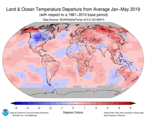January–May Blended Land and Sea Surface Temperature Anomalies in degrees Celsius