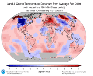 February Blended Land and Sea Surface Temperature Anomalies in degrees Celsius