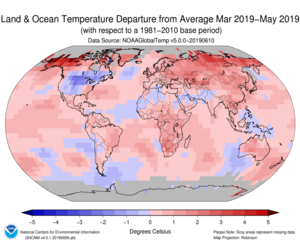 March-May Blended Land and Sea Surface Temperature Anomalies in degrees Celsius