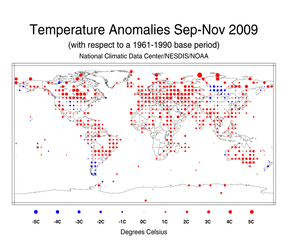 September-November 2009 Land Surface Temperature Anomalies in degree Celsius