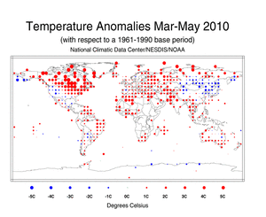 March 2010 - May 2010 Land Surface Temperature Anomalies in degree Celsius