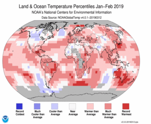 January–February Blended Land and Sea Surface Temperature Percentiles