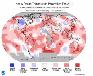 February Blended Land and Sea Surface Temperature Percentiles